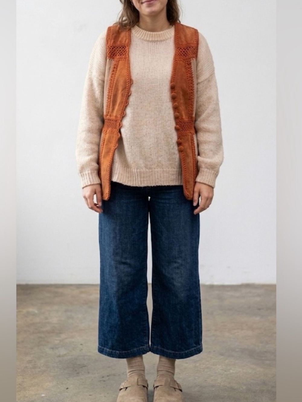 Vintage 70s Suede Patchwork Crochet Vest Boho Hippie Size Medium Burnt Orange